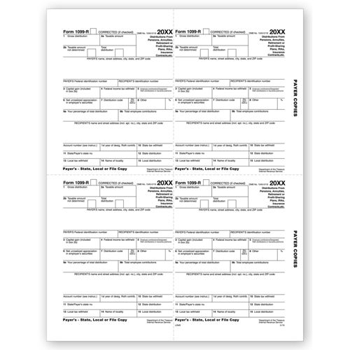 4 Up Laser 1099 R, Payer, State, Local or File Copy 