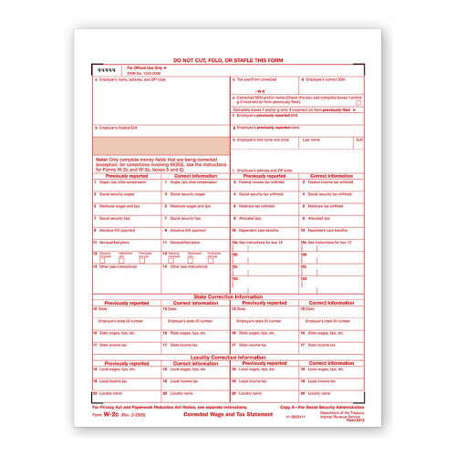 Laser W 2C Corrected Wage & Tax Statement, SSA Copy A